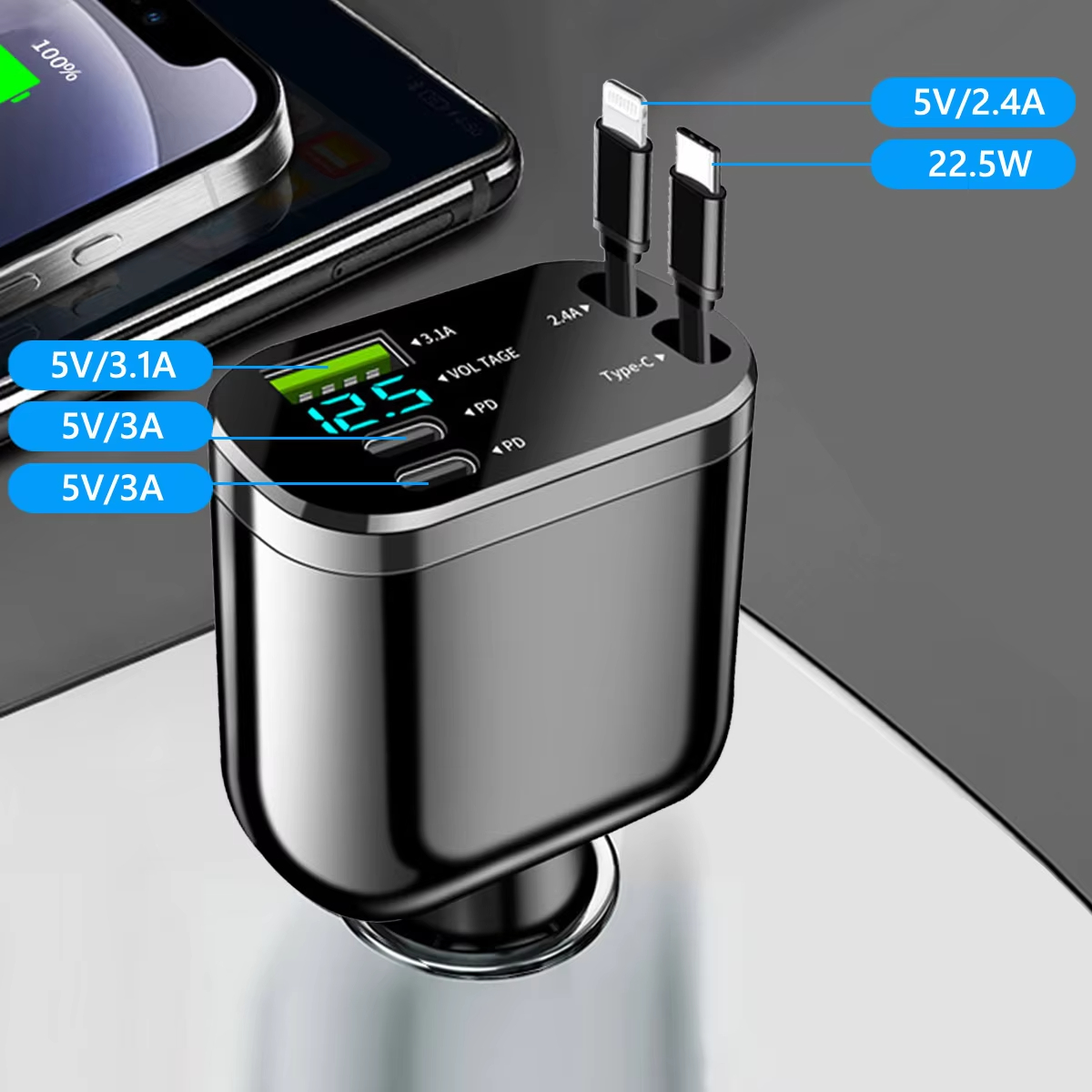 Best  5 in 1 Car Charger 120w Fast Charging with Cable